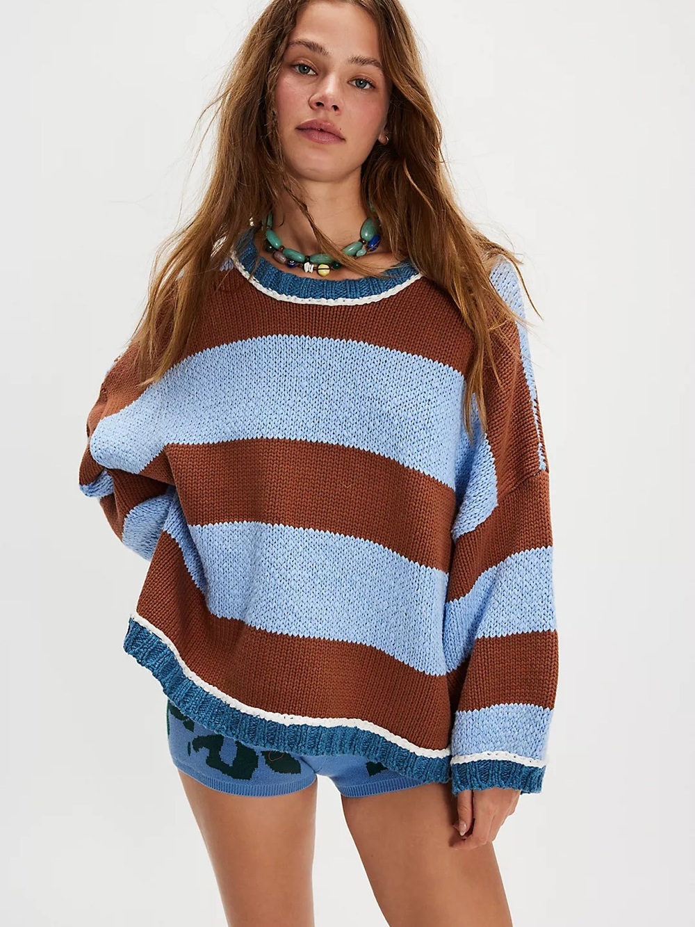 Free People Chunky Striped Crewneck Sweater in Light Blue and Rust